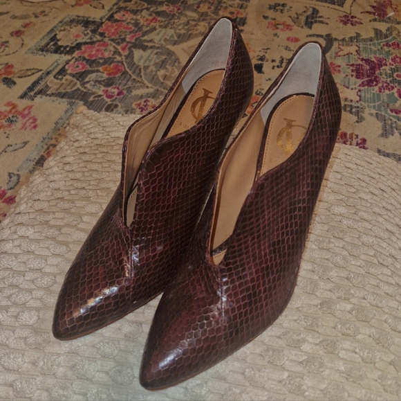 Vince Camuto Shoes - Vince Camuto Brown Snakeskin-Effect Pointed Ankle Heels